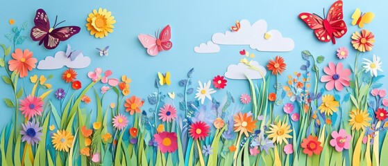 Colorful Paper Flowers and Butterflies on Blue Background