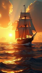 Fototapeta premium Golden Sunset Over Vernal Equinox: Majestic Sailing Ship Adorns Ocean. A ship sailing in the ocean at sunset. 
