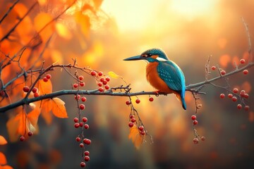 Fototapeta premium A vibrant bird sits atop a branch surrounded by autumn leaves