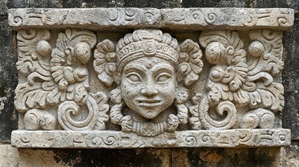 Obraz premium Intricate stone relief carving featuring a serene female face framed by ornate floral and winged motifs
