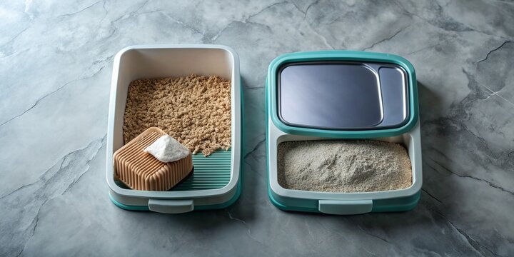 Stylish Pet Litter Box Subscription Box, Top-Down Flat Lay, Marble Surface, Gray Tones