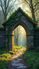Fototapeta premium Stone Archway in Vernal Equinox Forest Harmony. A stone archway surrounded by lush greenery and flowers.
