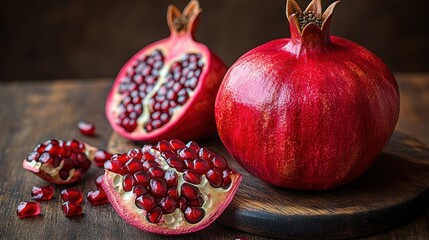 Juicy red pomegranates, one whole and two halved, showcasing vibrant arils on a dark wood surface