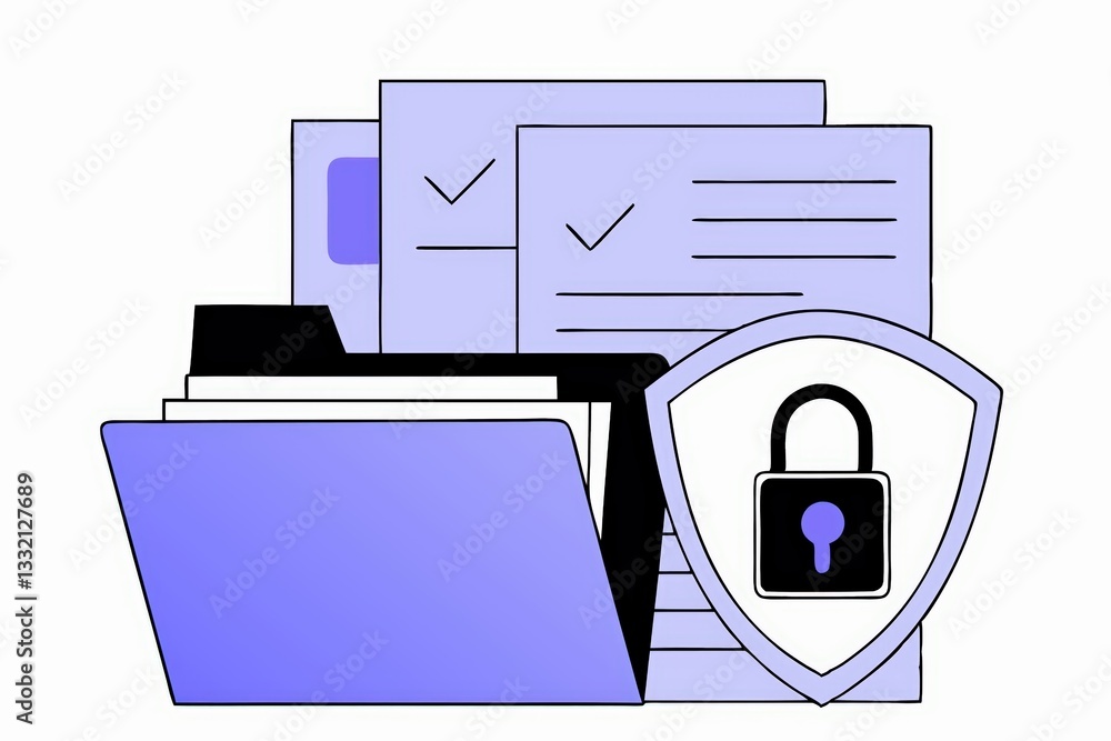 Poster a digital illustration featuring a folder, documents, and a shield symbolizing data security and pri
