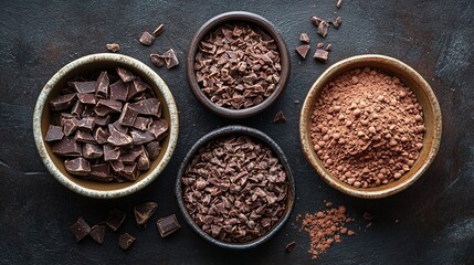 Four bowls of different forms of delicious dark chocolate