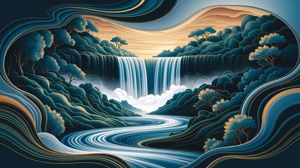 Mystical Waterfall in an Abstract Forest