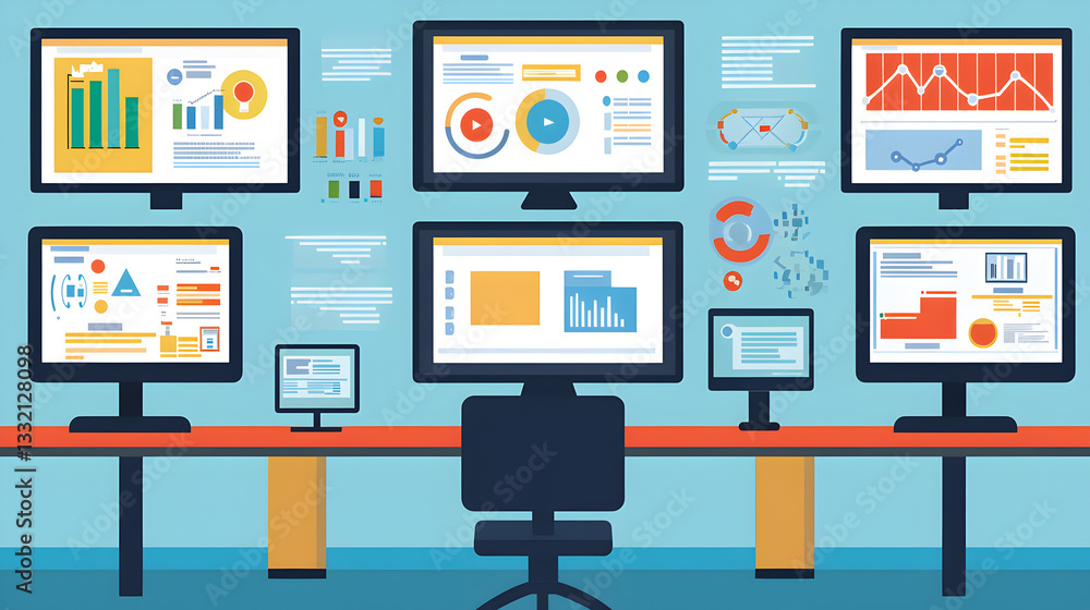 Poster data analysis dashboard office workspace infographic screens modern environment wide angle view busi