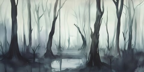 Naklejka premium Dark and misty swamp reflecting trees and fog in the water