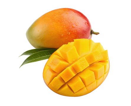 Fresh mango fruit isolated on a clean white transparent background, cutout style for a crisp and clear image, showcasing the vibrant color and texture of the mango fruit