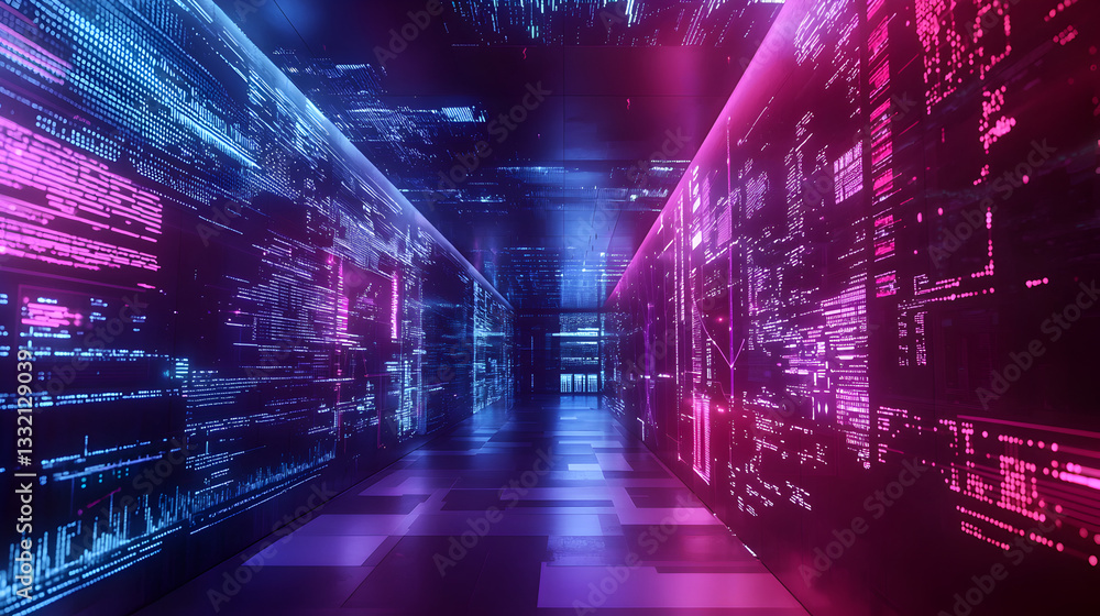 Poster futuristic data visualization corridor virtual space digital art high-tech environment perspective v