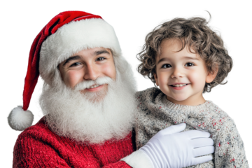 A little girl is giving a present to Santa Claus. ,on transparent background.