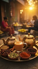 Hot tea served with spices creates a warm atmosphere in a bustling market as the sun sets