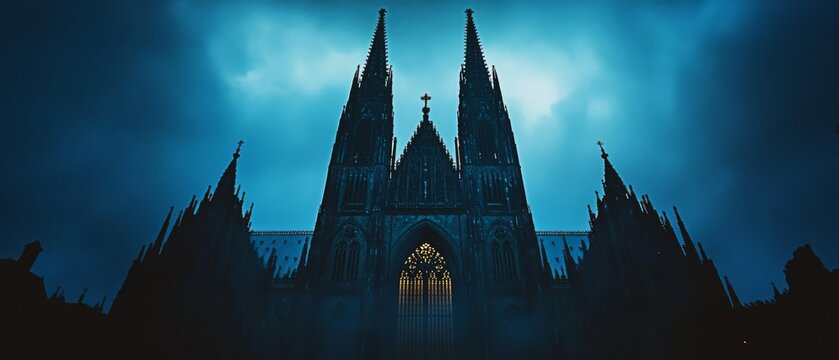 Majestic gothic cathedral towers under a dramatic, moody sky, silhouetted in deep blue hues conveying mystery and grandeur.