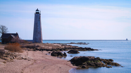 New Haven Lighthouse (Five Mile Point Lighthouse) &ndash; Historic 1847 Landmark at Lighthouse Point Park, New Haven, Connecticut, USA