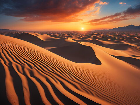 Golden sunset over rolling desert sand dunes under dramatic clouds