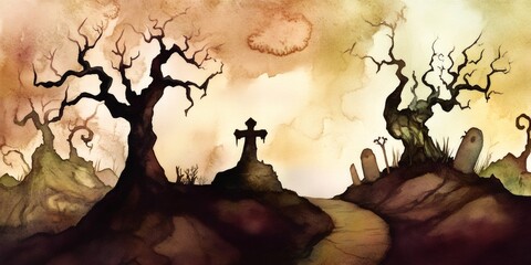 Fototapeta premium Spooky halloween cemetery landscape with cross and bare trees