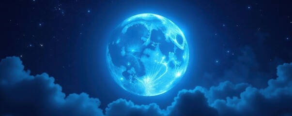 Fototapeta premium Radiant blue supermoon, ethereal blue halo, cosmic backdrop, astrophotography, background, halo