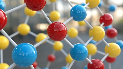 Obraz premium A Vibrant Molecular Structure, A Colorful Network Of Interconnected Spheres, Showcasing The Beauty Of Scientific Design With Glossy Spheres And Bright Colors