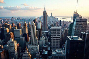 High-rise buildings, Midtown Manhattan skyline, aerial perspective, New York, metropolis, Manhattan