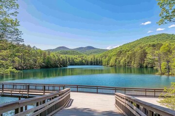 Fototapeta premium Serene Lake Beckons with Lush Greenery and Distant Mountains under Bright Sky