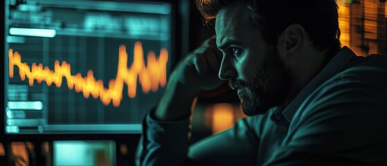 A pensive man observes orange market trends on screens, deeply absorbed in the analytical world of financial ups and downs.