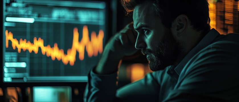 A pensive man observes orange market trends on screens, deeply absorbed in the analytical world of financial ups and downs. - Powered by Adobe
