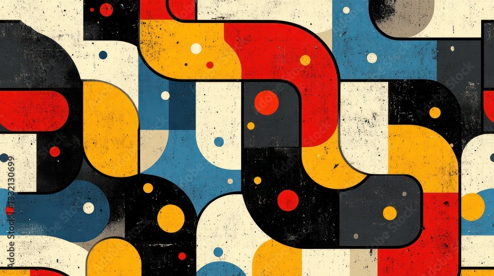 Aufkleber abstract geometric pattern with curved lines and colorful shapes on textured background.