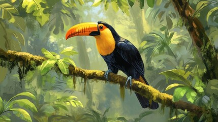 Obraz premium The Amazon rainforest jungle is home to a tucan perched on a tree, generated with AI