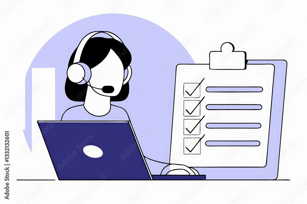 Poster a person wearing a headset is working on a laptop while checking a list on a clipboard, indicating a