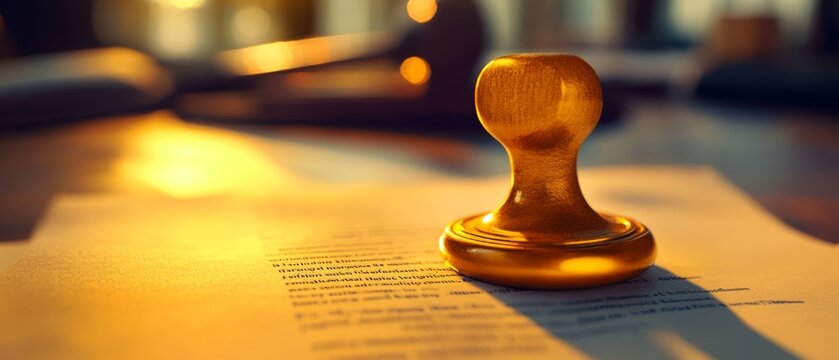 A gleaming gold seal rests on well-crafted documents, highlighting authenticity and formality under a warm glow.