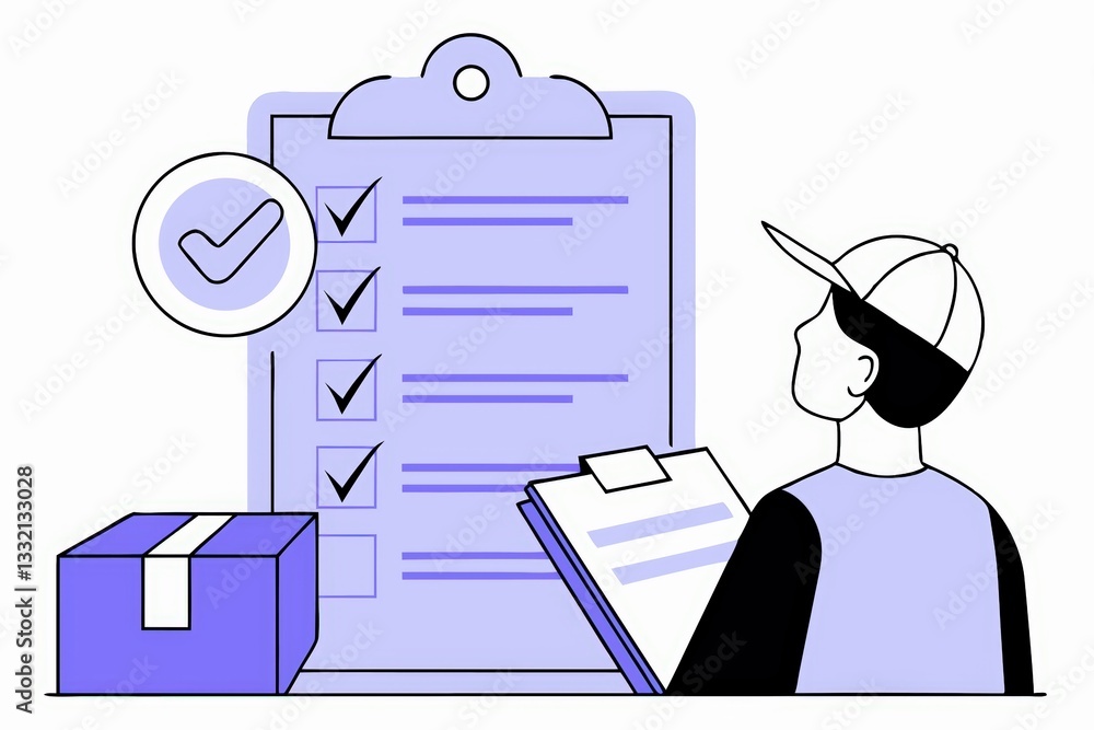 Poster a person in a cap checks items off a list while looking at a clipboard, indicating organization and 