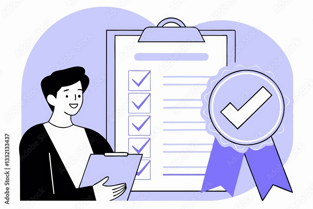 Poster a person checks a completed list on a clipboard, showcasing accomplishment and organization, with a 