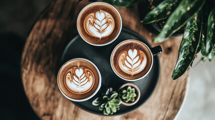 Three delicious lattes with exquisite latte art on wooden tray hot cup mug food cafe foam milk life