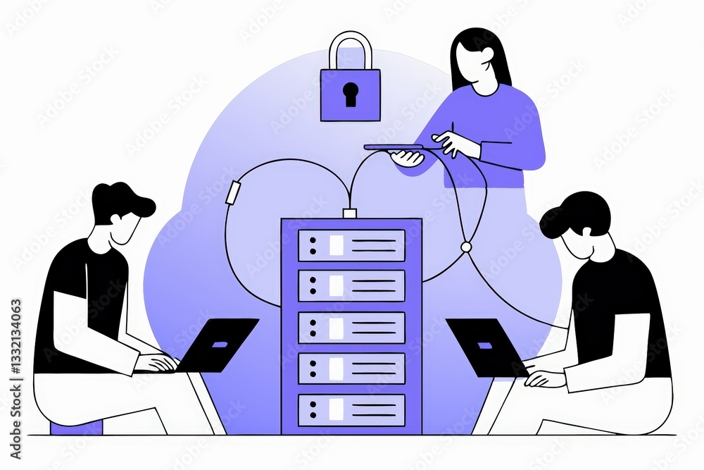 Aufkleber three individuals engage with laptops and a server, symbolizing cybersecurity and data management, w