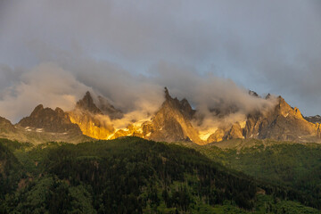 Aiguilles de Chamonix rocky granite mountain peaks in french Alps around Mont Blanc summit in...