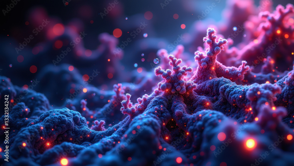 Poster intricate molecular structures, illuminated with vibrant colors, floating amidst a cosmic backdrop o