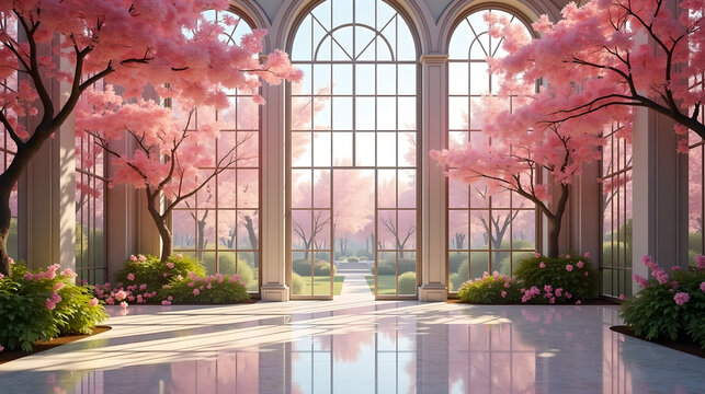 Fototapeta A luxurious open-air conservatory with towering glass windows, overlooking a dreamy garden