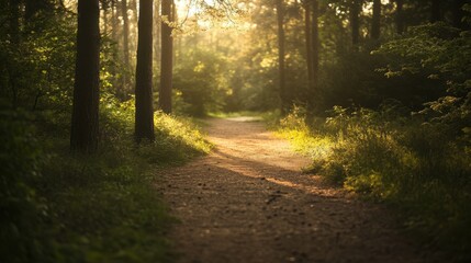 Obraz premium Golden sunlight illuminates a tranquil forest path, evoking peace and natural harmony.