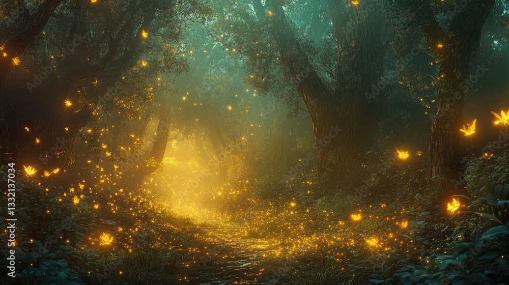 Poster enchanting forest path illuminated by glowing fireflies and soft mist in a magical atmosphere