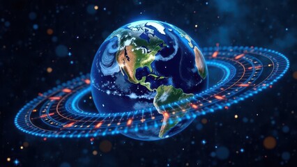 This visual displays Earth as seen from space showcasing continents and oceans. Glowing rings orbit around the planet highlighting a cosmic and technological theme.