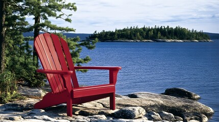 Fototapeta premium Red Adirondack Chair by Lake Nature Scenery