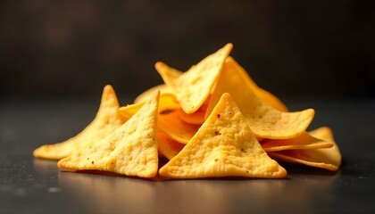 Naklejka premium Close-up studio shot of a pile of triangular tortilla chips, each chip is golden-yellow with a slightly rough texture