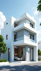 Fototapeta premium Clean lines, white & gray facade, modern architecture, commercial, urban, photo
