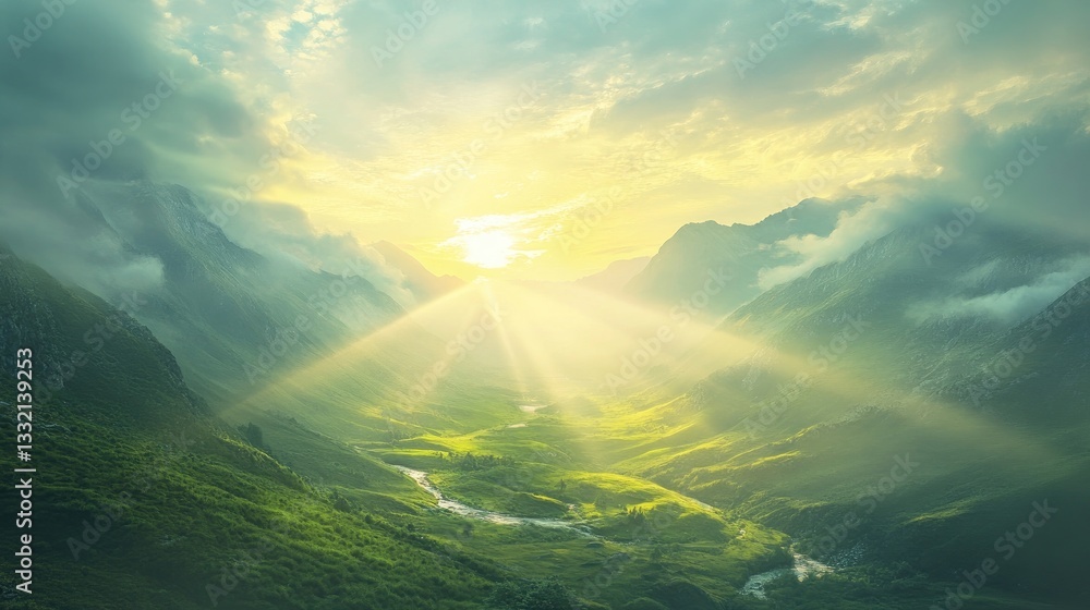 Poster serene mountain landscape at dawn with rays of light breaking through clouds and illuminating the va