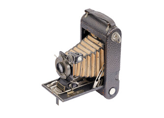 vintage folding camera on white background
