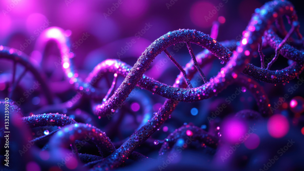 Poster this is a close-up image showing detailed structures resembling molecules or cells with a purple tin
