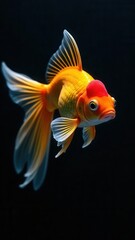 Fototapeta premium A vibrant goldfish swims through the water showcasing its bright orange and white fins. Its unique shape and lively movements draw attention in the dark aquarium setting.