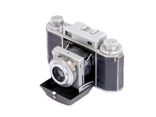 vintage folding camera on white background