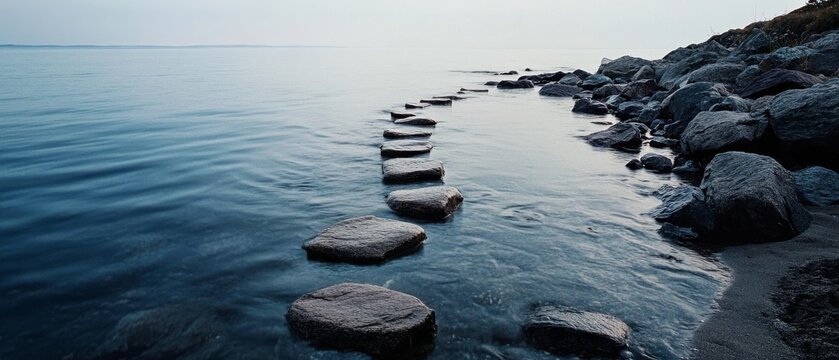 Broad stepping stones stretch into tranquil waters, resembling a pathway guiding into infinite horizons.