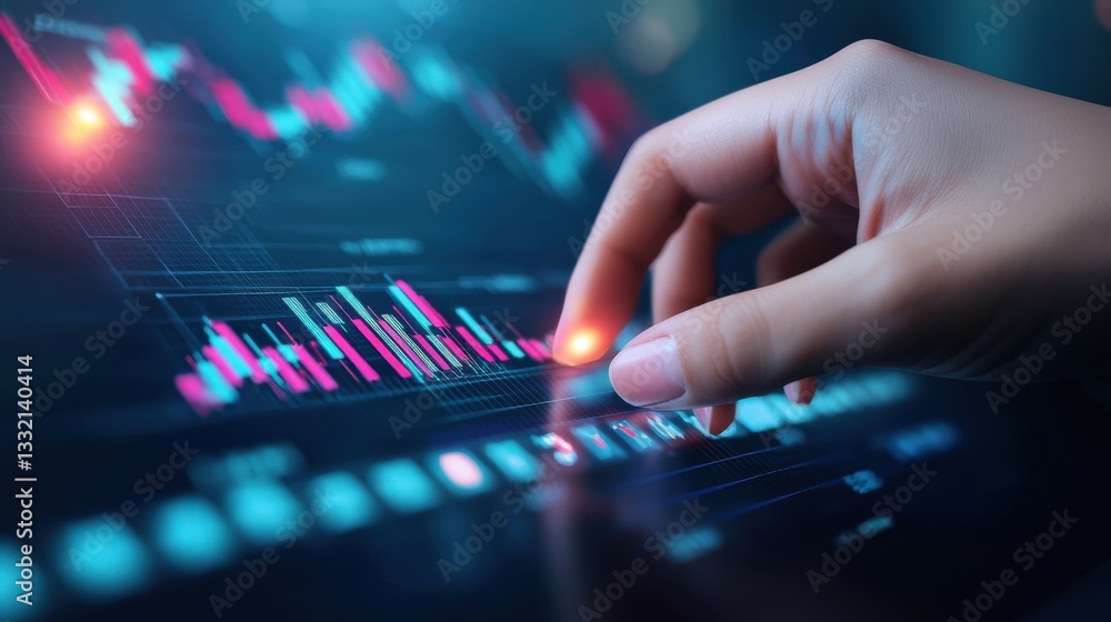 Poster hand interacting with digital chart on transparent screen display